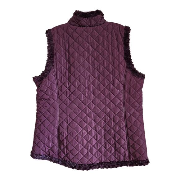 DENIM & CO Women's XL Quilted Reversible Vest Faux Fur Plum Full Zip Puffer 46" - Picture 6 of 9